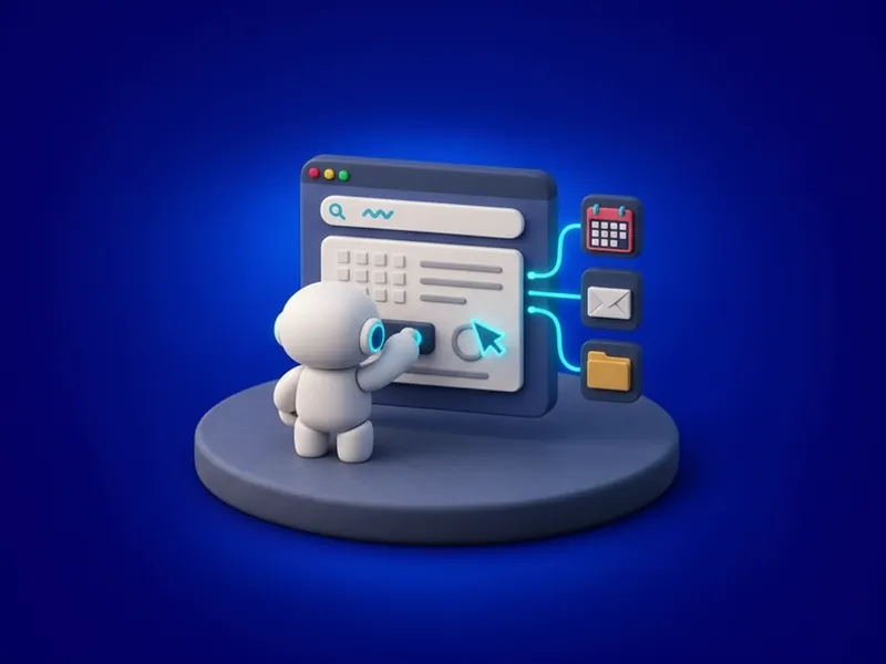 A small helper figure pressing a button on a web form, linked to calendar, mail and folder icons.