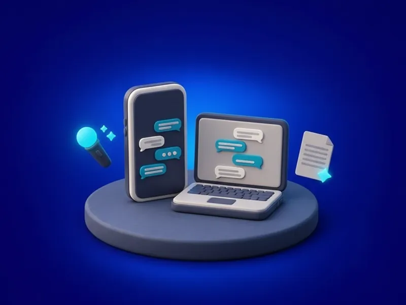 A phone and a laptop each showing a chat conversation, with a microphone and a document beside them.