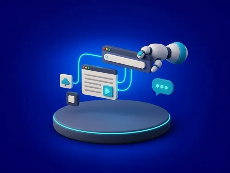 A website being assembled from blocks by a small robotic arm, beside a chat bubble.