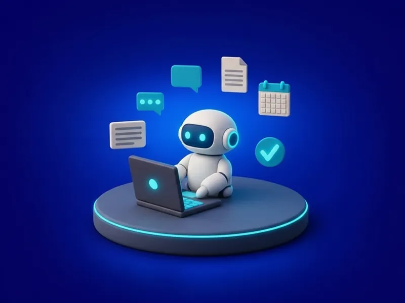 A small white helper figure working at a laptop, with chat bubbles, a document, a calendar and a check mark floating above it.