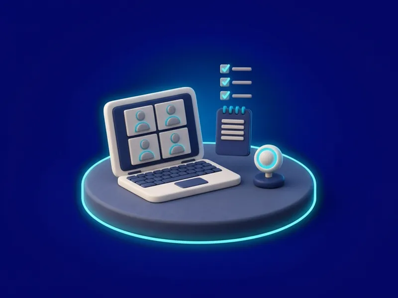 A laptop showing a video call with four people, a checklist rising from a notepad and a small microphone.