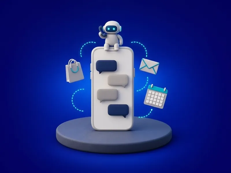 A phone showing a text conversation, with a small helper figure on top holding a phone handset, and a shopping bag, envelope and calendar around it.