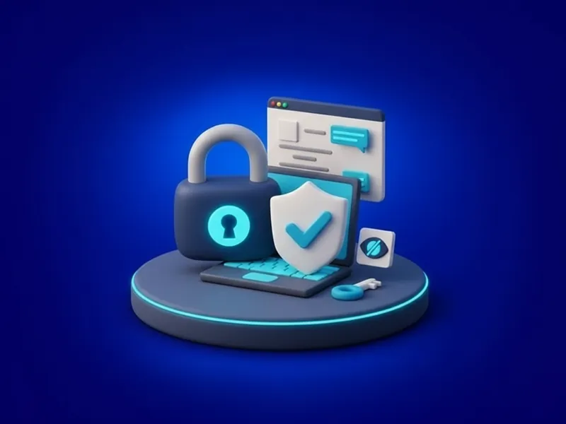 A padlock and a shield with a check mark in front of a laptop showing a chat window, with a key beside them.