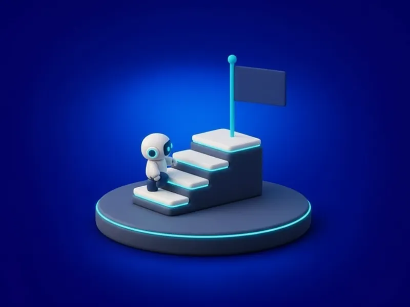 Three glowing steps rising to a flag, with a small helper figure climbing the first step.