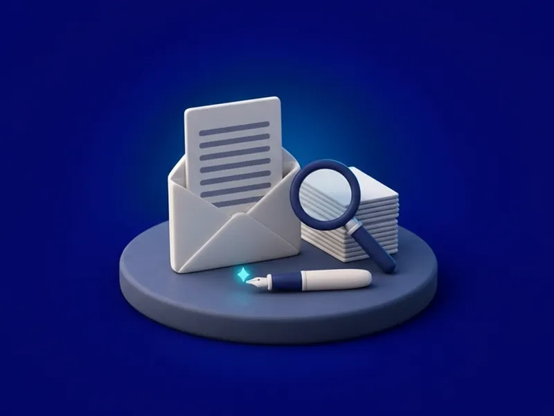 An open envelope with a letter, a stack of documents, a pen and a magnifying glass.