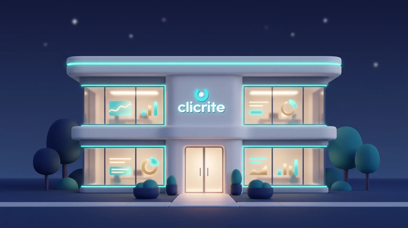 The clicrite office building at night, every window still lit