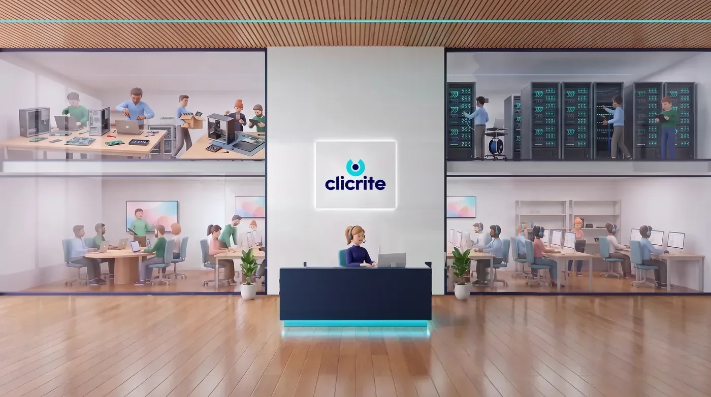 The clicrite lobby: the reception desk, with the team at work behind the glass