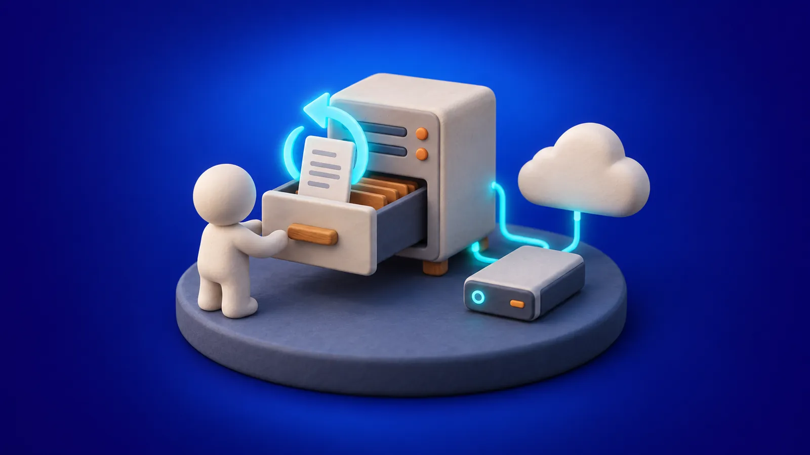 A small server cabinet with a vault-like drawer pulled open, a document rising back out of it on a glowing cyan restore arrow, with a cloud and an external drive linked beside it.