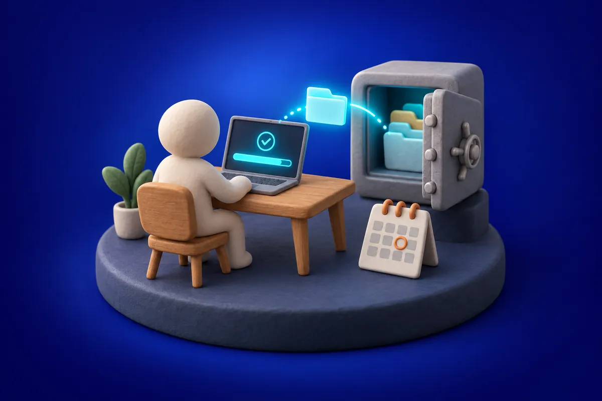 A person at a desk watching a laptop show a progress bar and a tick, while a folder floats back out of an open safe; a small calendar with one day circled sits nearby.