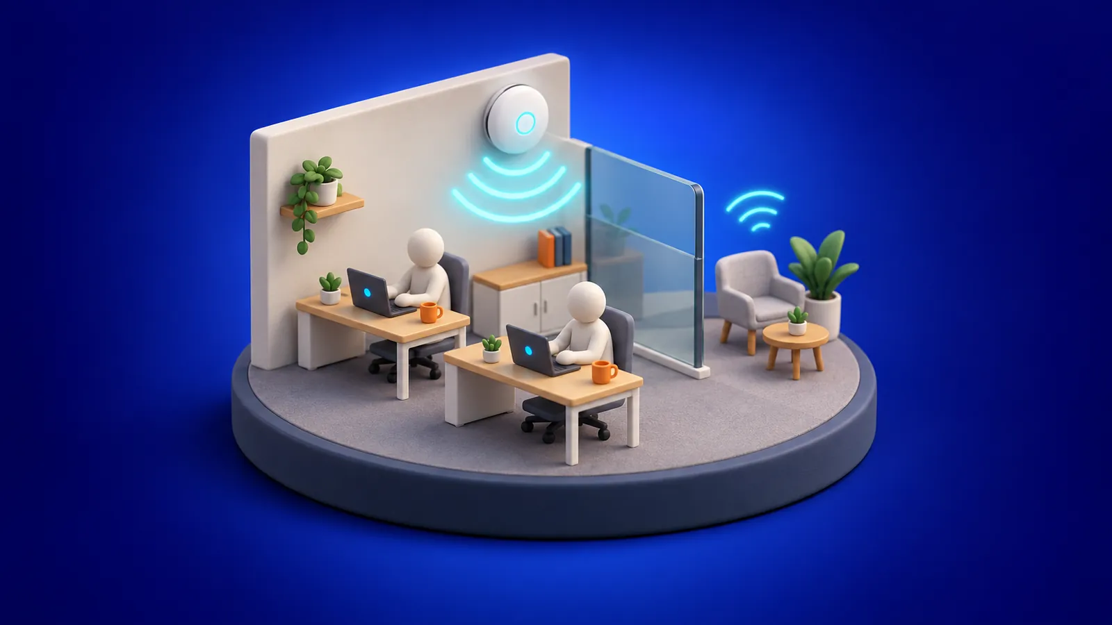 A wall-mounted wireless access point sending three glowing signal arcs over a small office, with a guest seating area behind a glass partition.