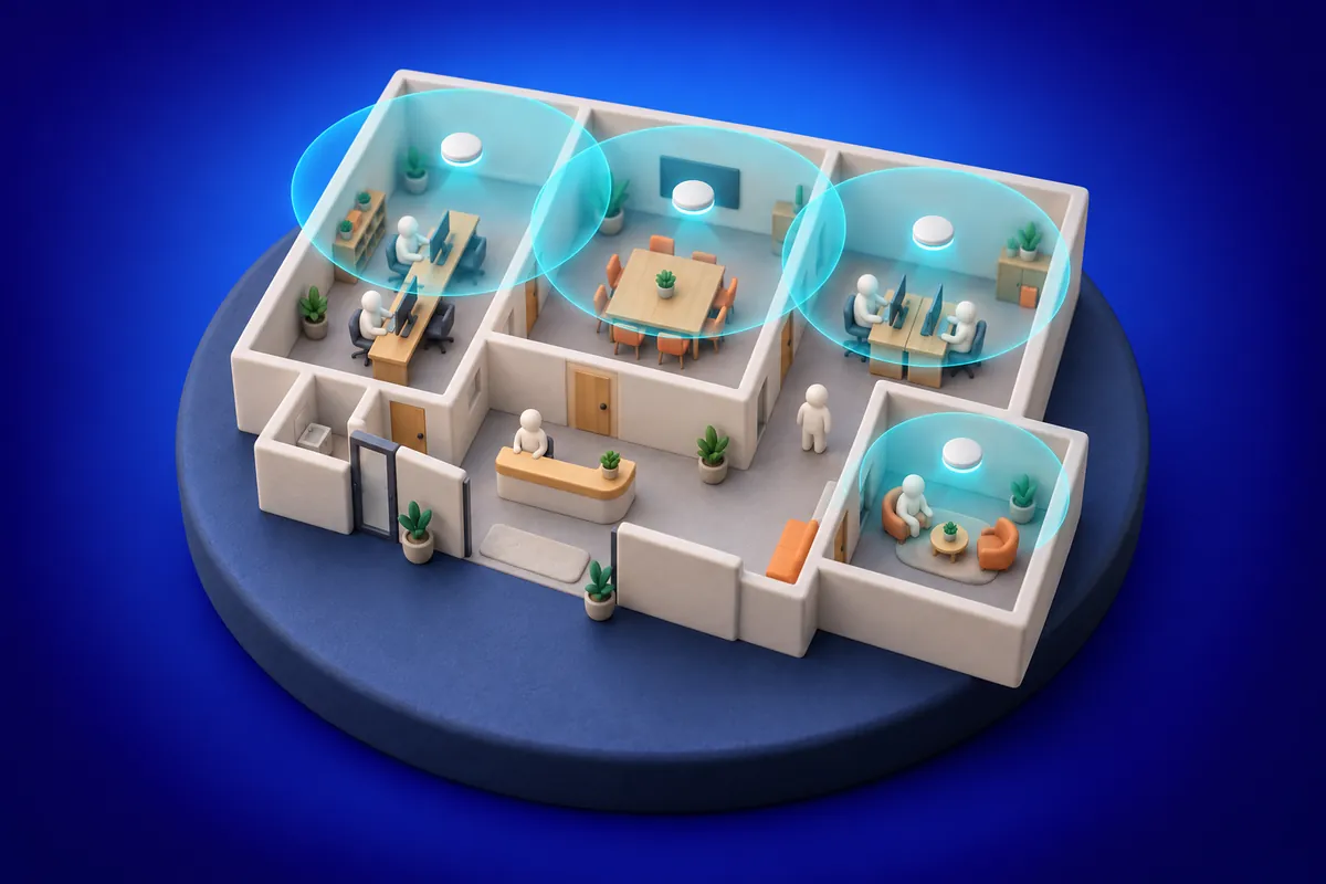 An office floor plan seen from above with three ceiling access points whose coverage circles overlap evenly across the rooms, and a separate guest corner.