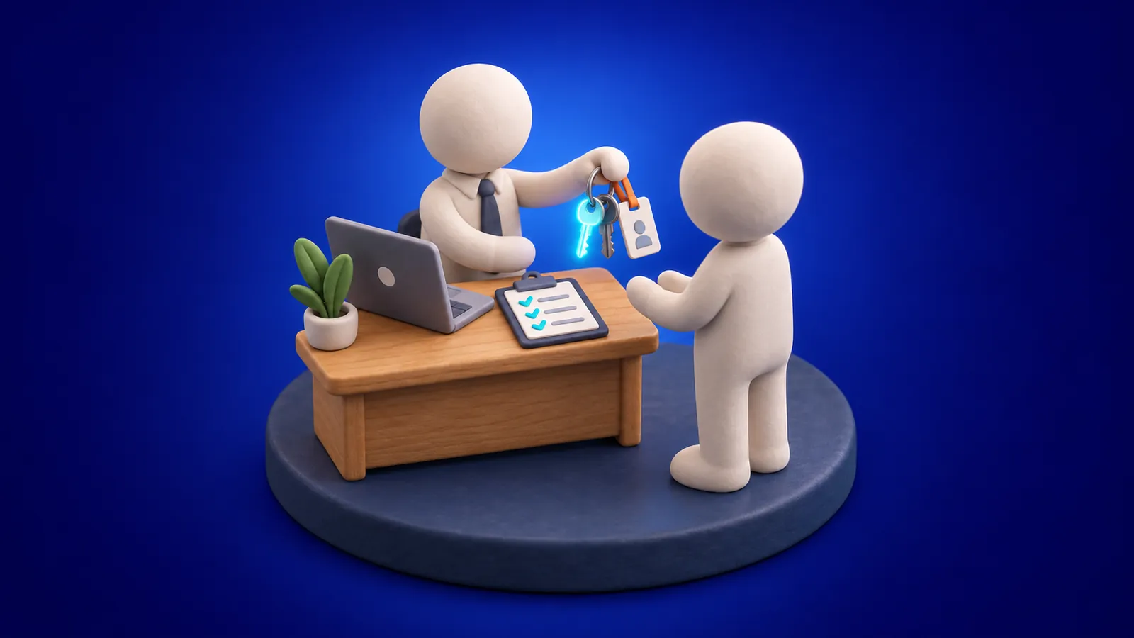 One person handing a key ring and an ID badge to another across a desk, with a laptop and a checklist clipboard on the desk.