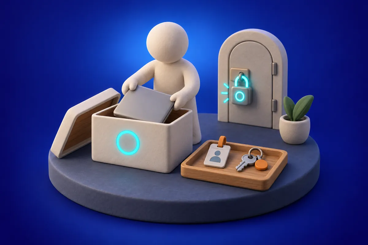 A laptop being packed into a box, an ID badge and keys set aside on a tray, and a glowing padlock closing on a small door behind them.
