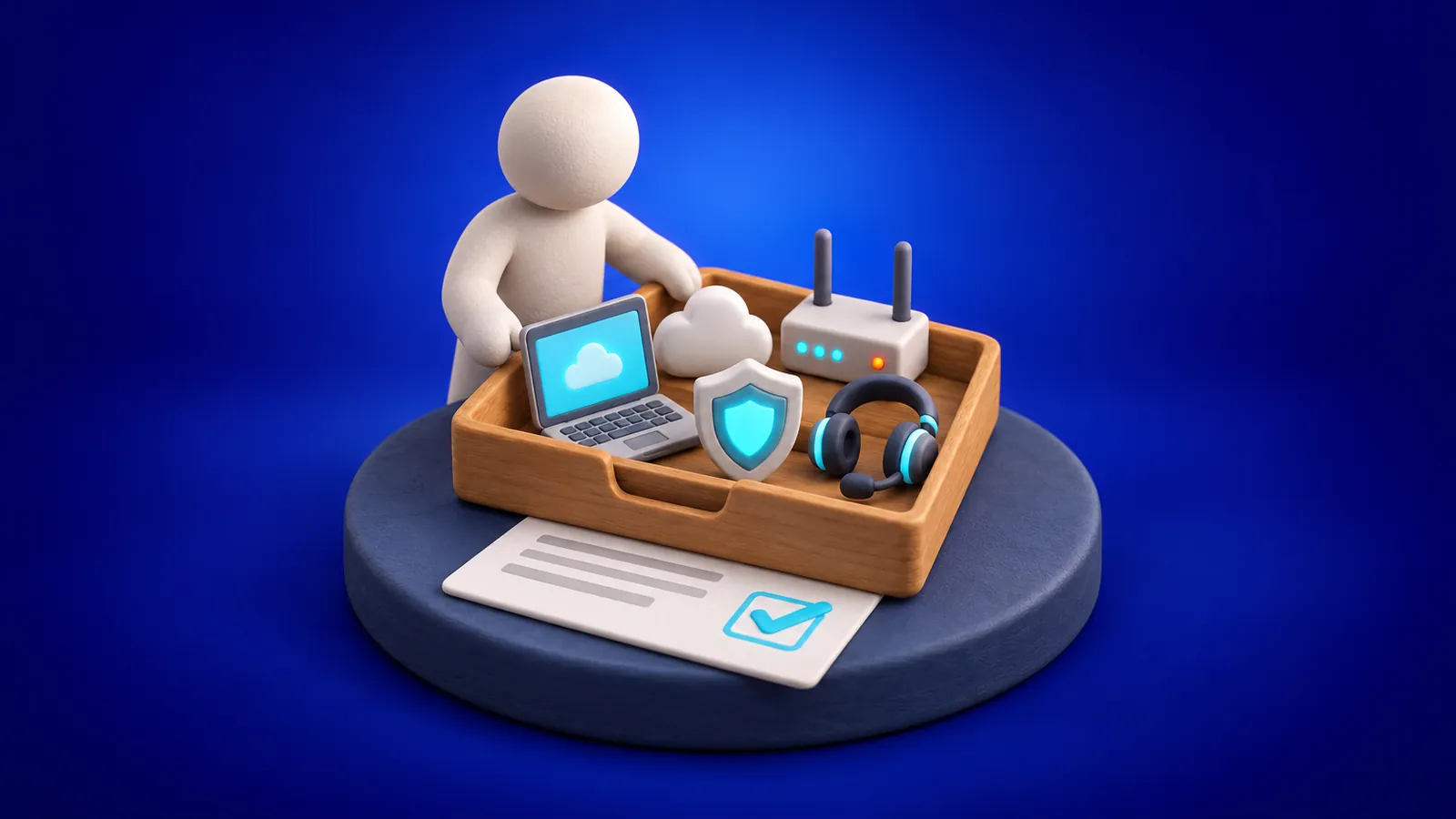 A single in-tray holding a small laptop, a shield, a headset, a cloud and a router, resting on a blank invoice with one check mark.