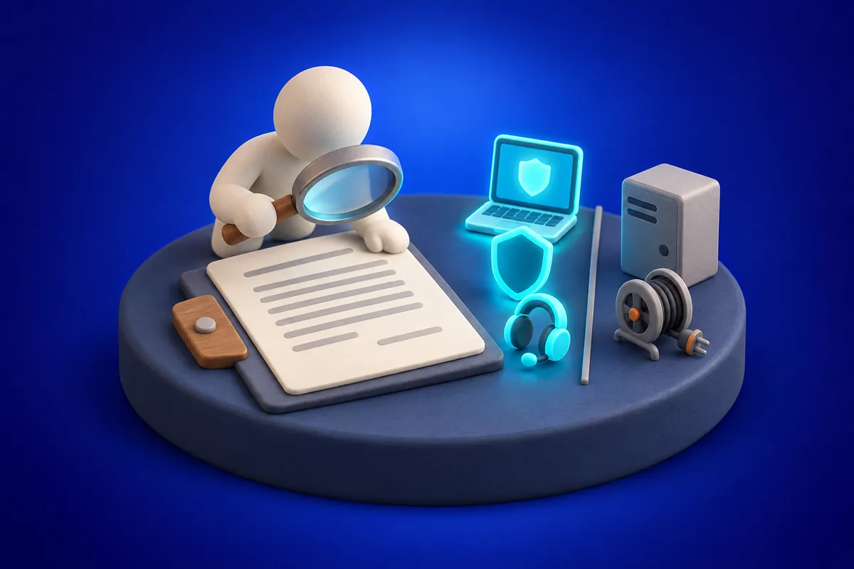 A magnifying glass over a blank contract, beside two groups of objects: highlighted ones that are included and plain gray ones billed separately.