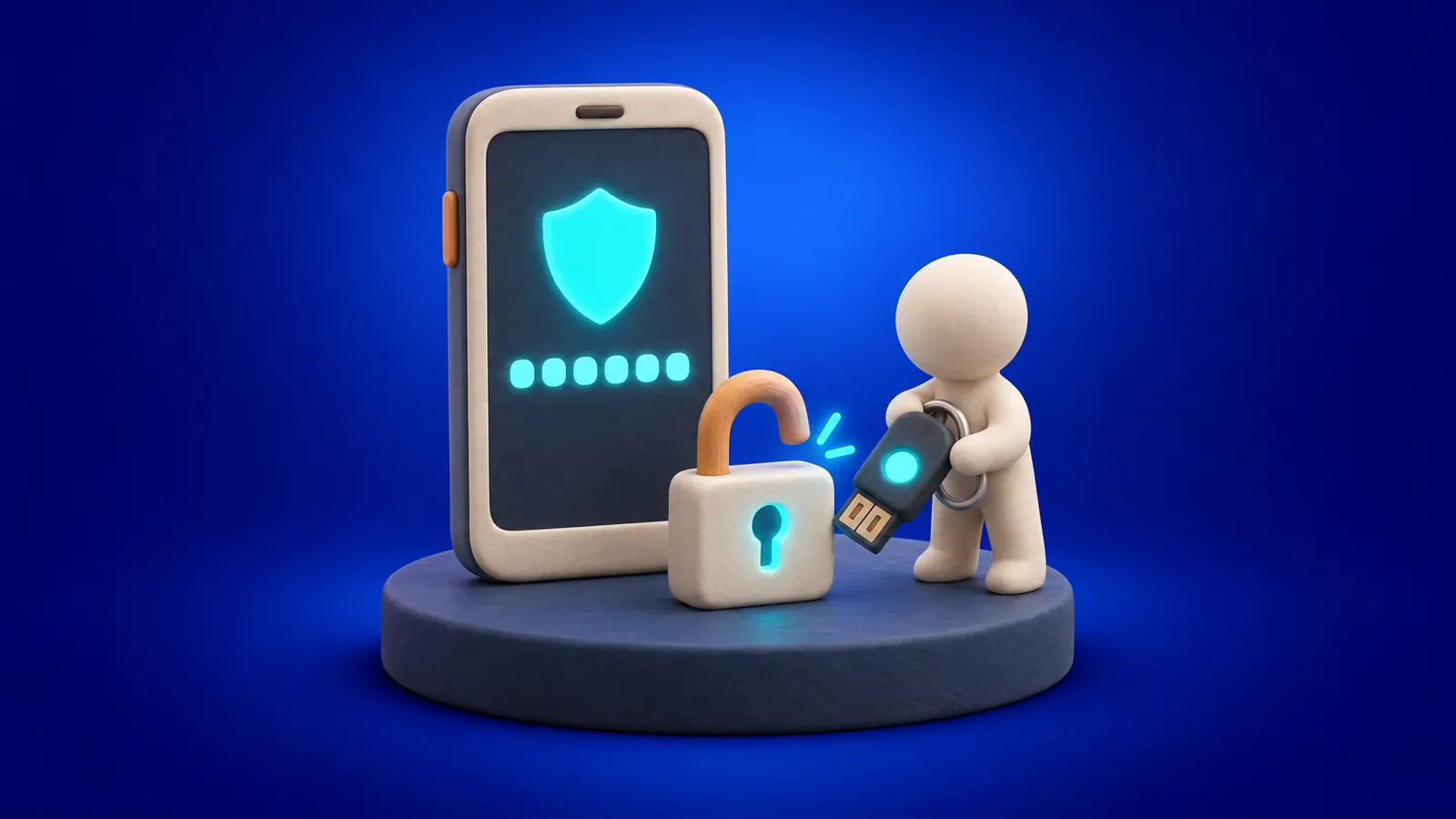A large smartphone showing a shield and a row of code dots, next to an opening padlock and a security key on a key ring.
