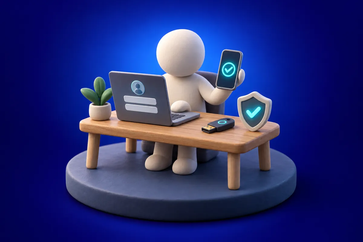 A person at a laptop sign-in screen holding up a phone with a tick on it, with a security key and a shield on the desk.